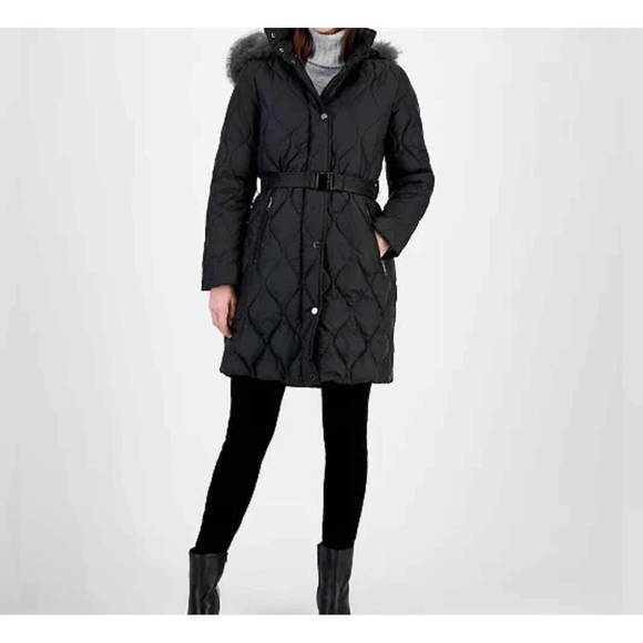 NEW MICHAEL KORS women's quilted down faux fur long puffer coat in black